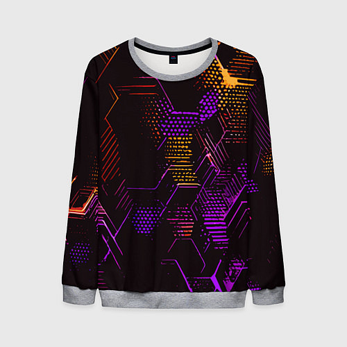 Мужской свитшот Жёлто-фиолетовые точки и линии на чёрном фоне / 3D-Меланж – фото 1