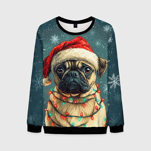 Мужской свитшот Новогодний мопс в гирлянде / 3D-Черный – фото 1