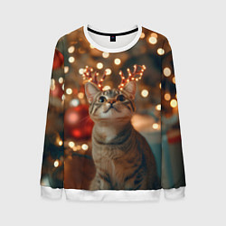 Свитшот мужской Котик с новогодними рожками, цвет: 3D-белый