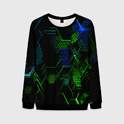 Свитшот мужской Сине-зелёные точки и линии на чёрном фоне, цвет: 3D-черный