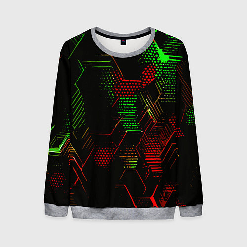 Мужской свитшот Красно-зелёные точки и линии на чёрном фоне / 3D-Меланж – фото 1