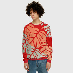 Свитшот мужской Отпечатки монстеры на красном, цвет: 3D-красный — фото 2