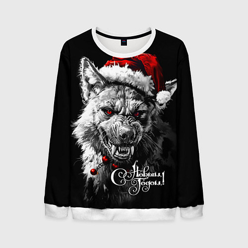 Мужской свитшот Свирепая гиена в шапке Санты / 3D-Белый – фото 1