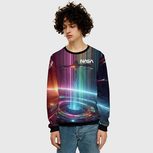 Мужской свитшот Spaceship in the neon cosmos - nasa / 3D-Черный – фото 3