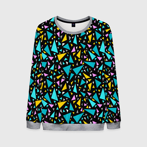 Мужской свитшот Разноцветные яркие треугольники на черном / 3D-Меланж – фото 1