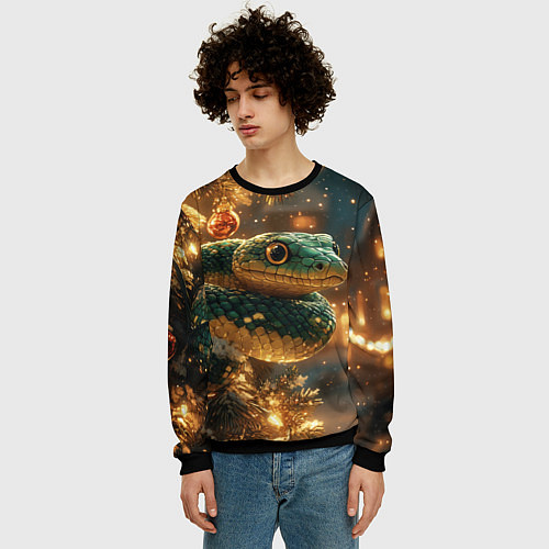 Мужской свитшот Змея в новогодней елочке / 3D-Черный – фото 3