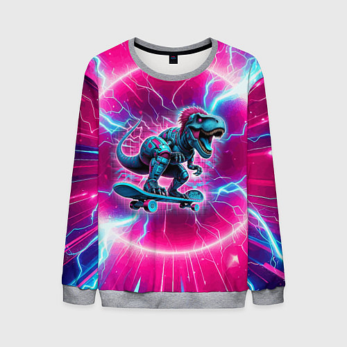 Мужской свитшот Cyber tyrannosaurus is a cool skateboarder / 3D-Меланж – фото 1