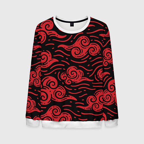 Мужской свитшот Японский орнамент - красные облака / 3D-Белый – фото 1