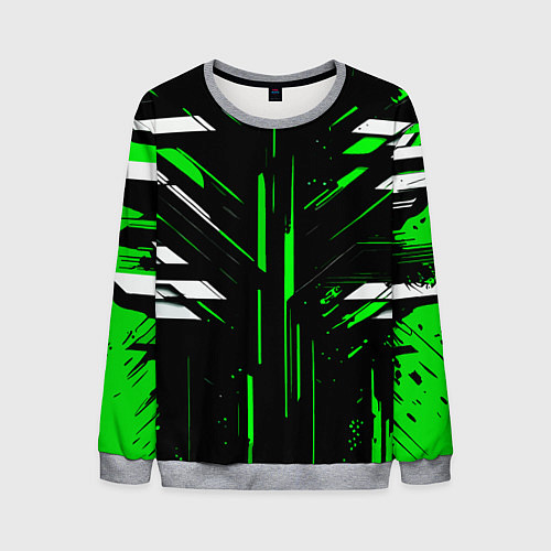 Мужской свитшот Зелёно-белые полосы и точки на чёрном фоне / 3D-Меланж – фото 1