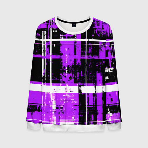 Мужской свитшот Фиолетово-белый гранж на чёрном фоне / 3D-Белый – фото 1