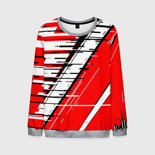 Мужской свитшот Чёрно-белые глитч полосы на красном фоне / 3D-Меланж – фото 1