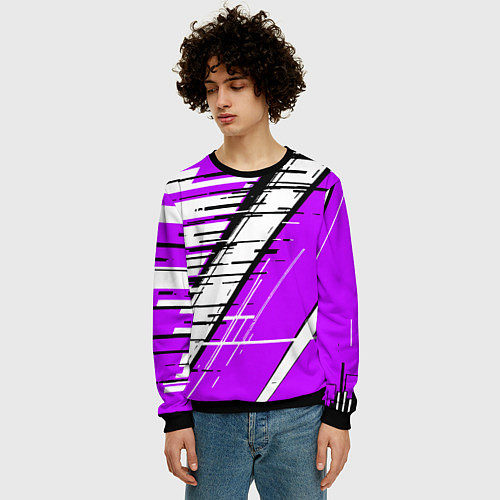 Мужской свитшот Чёрно-белые глитч полосы на фиолетовом фоне / 3D-Черный – фото 3