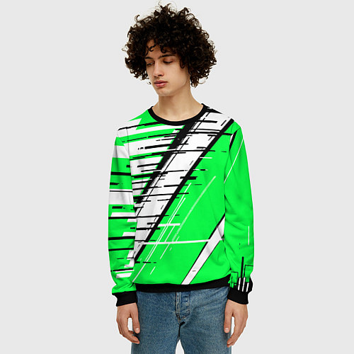 Мужской свитшот Чёрно-белые глитч полосы на зелёном фоне / 3D-Черный – фото 3