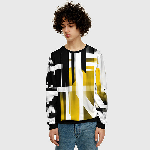 Мужской свитшот Чёрно-жёлтые вертикальные и горизонтальные полосы / 3D-Черный – фото 3
