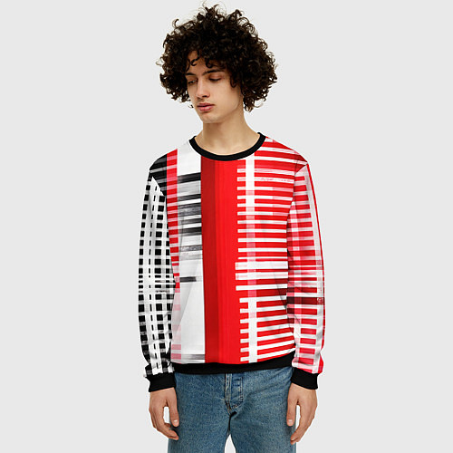 Мужской свитшот Белые полосы на чёрно-красном фоне / 3D-Черный – фото 3