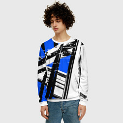 Свитшот мужской Чёрно-белые абстрактные линии на синем фоне, цвет: 3D-белый — фото 2