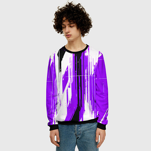 Мужской свитшот Вертикальные чёрно-белые линии на фиолетовом фоне / 3D-Черный – фото 3