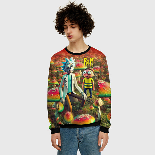 Мужской свитшот Рик и Морти заблудились в мухоморном поле / 3D-Черный – фото 3