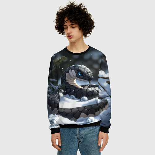 Мужской свитшот Новогодняя черная змея с голубыми глазами / 3D-Черный – фото 3