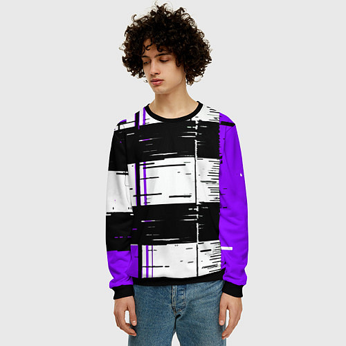 Мужской свитшот Чёрные и фиолетовые полосы на белом фоне / 3D-Черный – фото 3