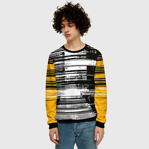 Мужской свитшот Горизонтальные чёрные линии на бело-жёлтом фоне / 3D-Черный – фото 3
