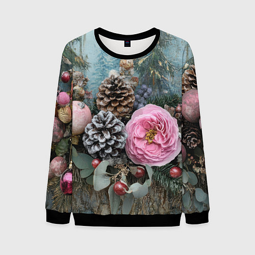 Мужской свитшот Новогодние цветы и шишки / 3D-Черный – фото 1