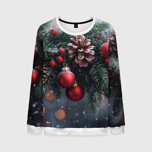 Мужской свитшот Красные игрушки на елке и шишки / 3D-Белый – фото 1