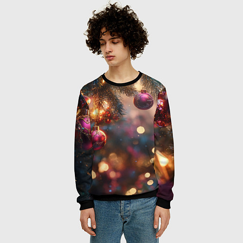 Мужской свитшот Фиолетовые новогодние шары / 3D-Черный – фото 3