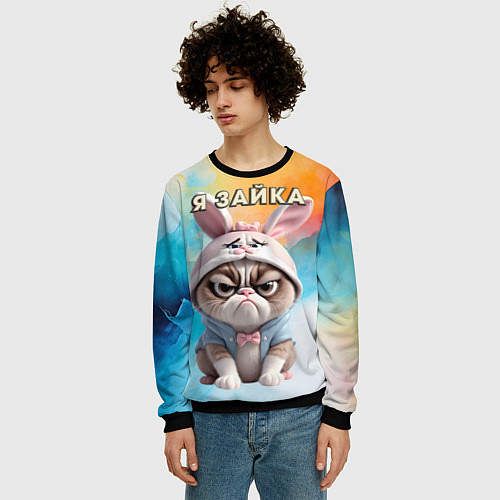 Мужской свитшот Кот в шапке зайца / 3D-Черный – фото 3