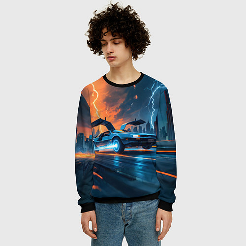 Мужской свитшот Автомобиль и ночные молнии / 3D-Черный – фото 3