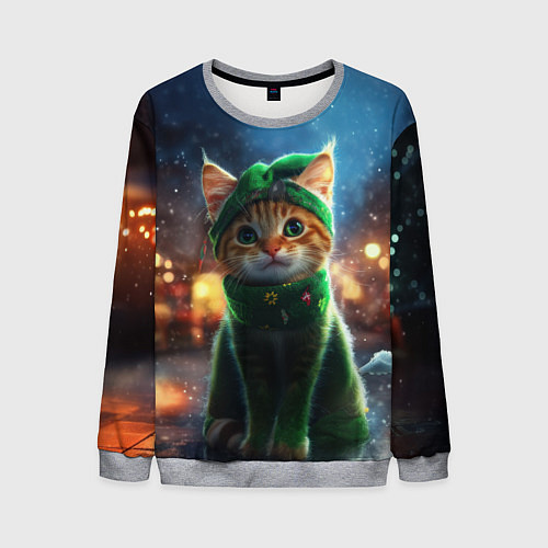 Мужской свитшот Зеленый новогодний котик / 3D-Меланж – фото 1