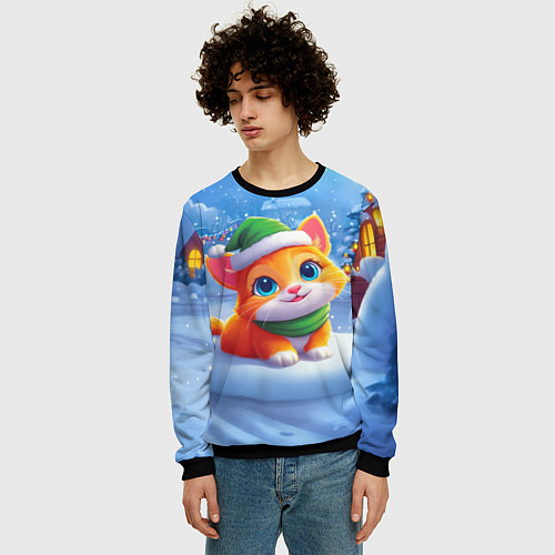 Мужской свитшот Новогодний котенок в зеленой шапочке / 3D-Черный – фото 3