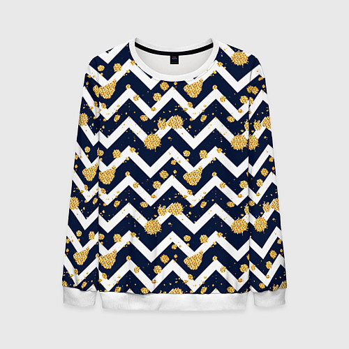 Мужской свитшот Золотые кляксы на фоне бело-синего паттерна / 3D-Белый – фото 1