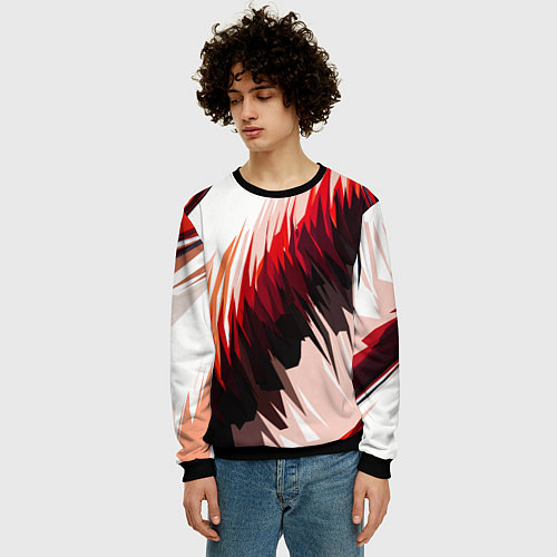 Мужской свитшот Чёрно-красные острые полосы на белом фоне / 3D-Черный – фото 3