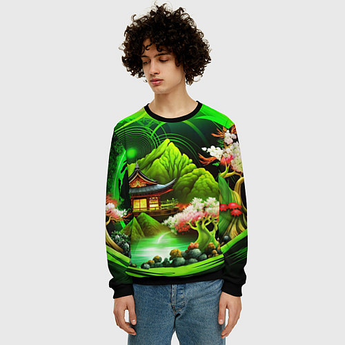 Мужской свитшот Природа Японии в зеленых цветах / 3D-Черный – фото 3
