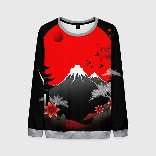 Мужской свитшот Японская гора и красная луна / 3D-Меланж – фото 1