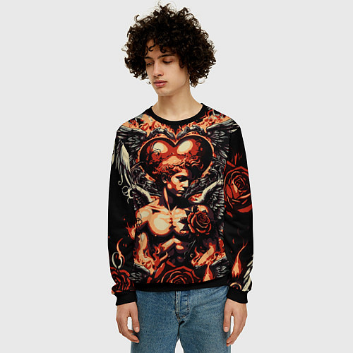 Мужской свитшот Ангел на фоне сердца в стиле татуировки / 3D-Черный – фото 3