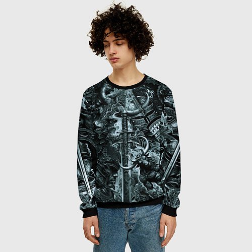 Мужской свитшот Гладиатор и минотавр на фоне мечей и щитов / 3D-Черный – фото 3