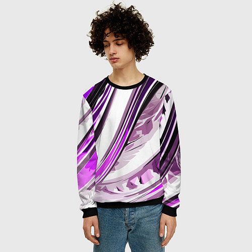 Мужской свитшот Волнистая бело-фиолетовая абстракция / 3D-Черный – фото 3