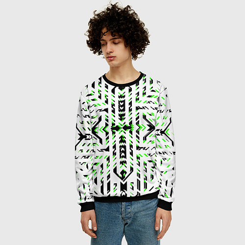 Мужской свитшот Чёрно-зелёный диагональные полосы на белом фоне / 3D-Черный – фото 3