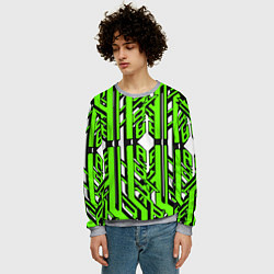 Свитшот мужской Чёрно-зелёные техно полосы на белом фоне, цвет: 3D-меланж — фото 2