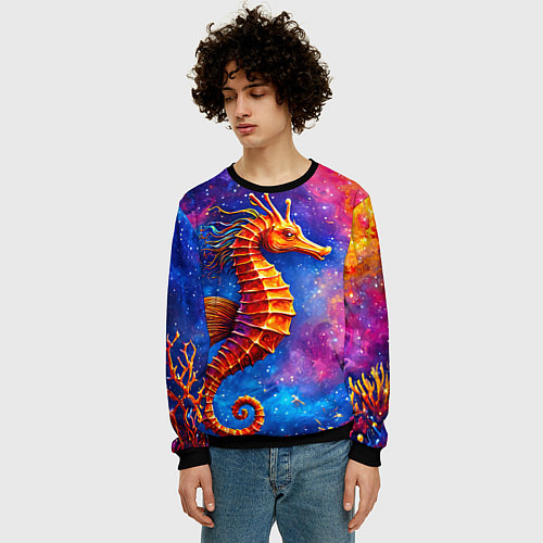 Мужской свитшот Морской конек в космосе / 3D-Черный – фото 3