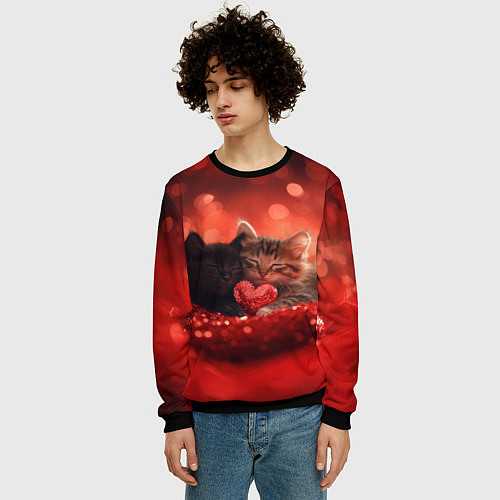 Мужской свитшот Влюбленные котята с сердечком / 3D-Черный – фото 3