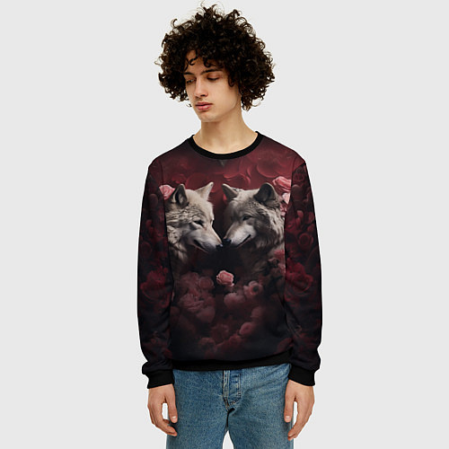 Мужской свитшот Волк и волчица в сердце / 3D-Черный – фото 3