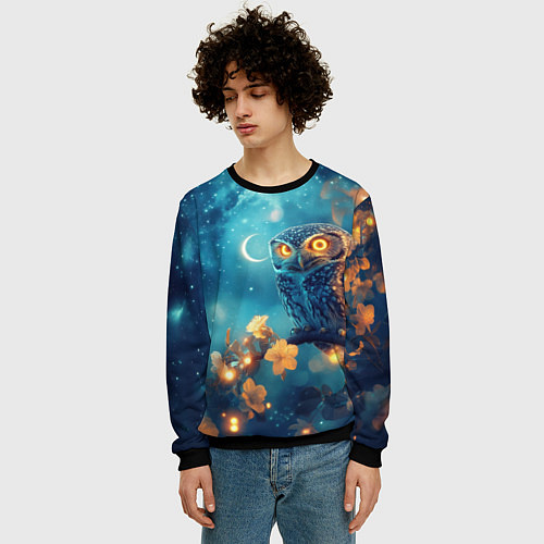 Мужской свитшот Сова на ветке дерева / 3D-Черный – фото 3