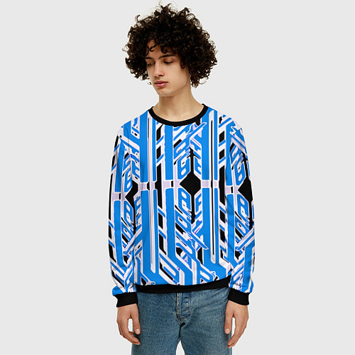 Мужской свитшот Бело-синие техно полосы на чёрном фоне / 3D-Черный – фото 3