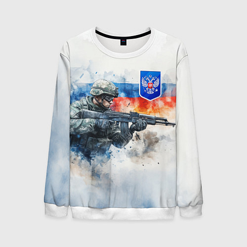 Мужской свитшот Русский солдат и синий герб РФ / 3D-Белый – фото 1