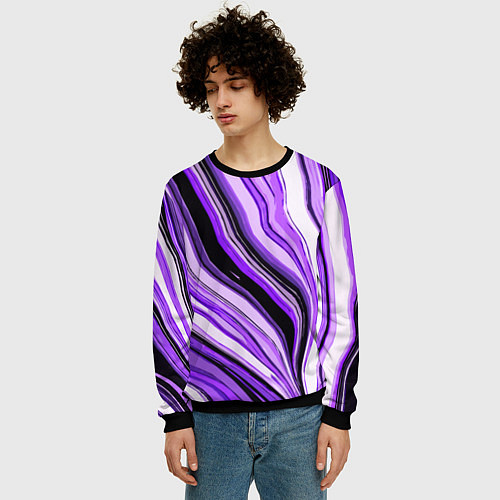 Мужской свитшот Волнистые вертикальные чёрно-фиолетовые полосы / 3D-Черный – фото 3