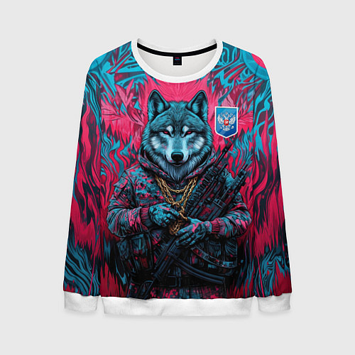 Мужской свитшот Волк с гербом РФ / 3D-Белый – фото 1