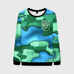 Свитшот мужской Зелено-голубой камуфляж и герб РФ, цвет: 3D-черный